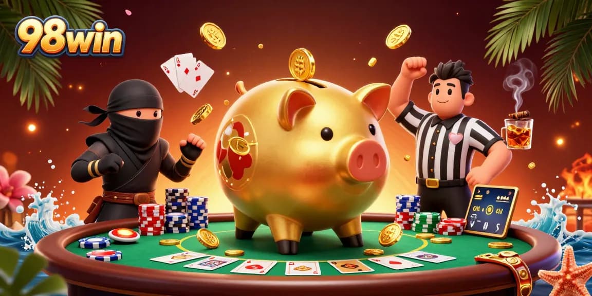 Join the excitement at 98win with a dynamic casino scene featuring a golden piggy bank sumo wrestler.
