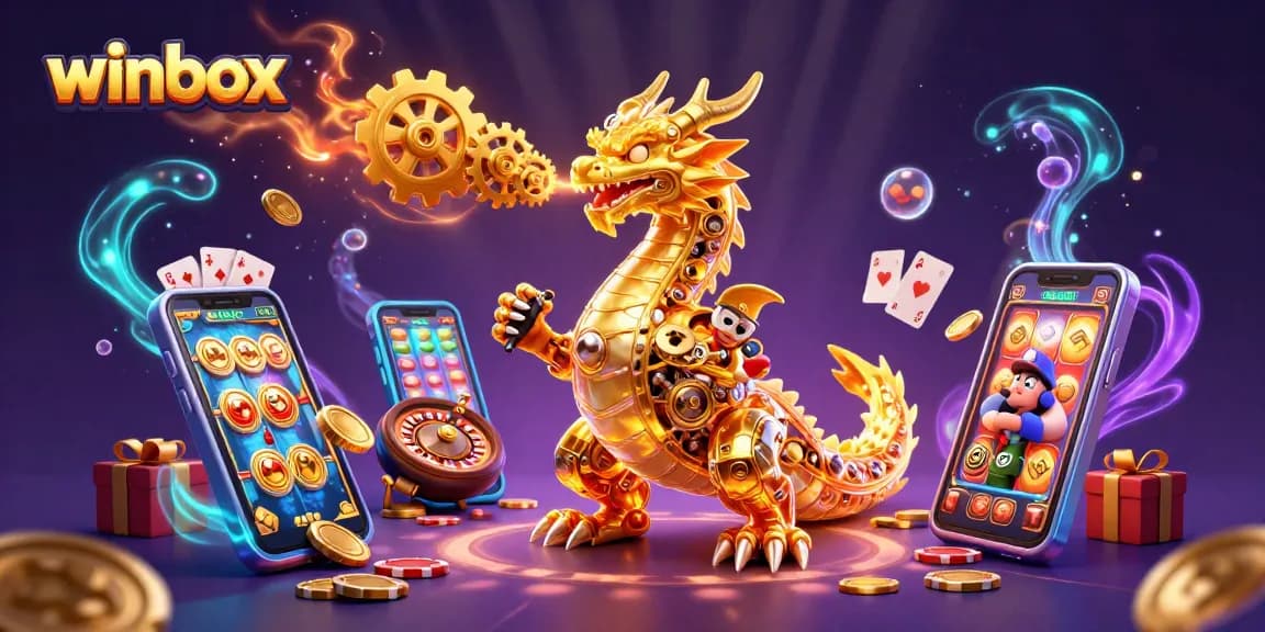 Winbox slots come alive with a golden dragon and colorful gaming elements, enhancing the thrill of online play.