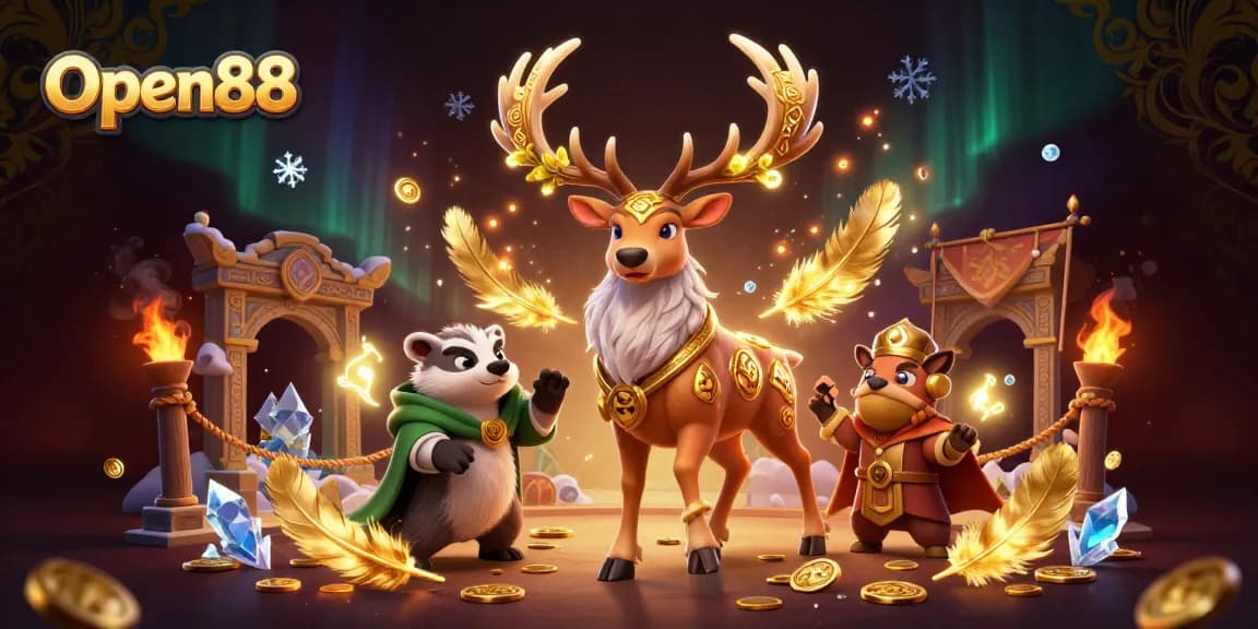 Engage in thrilling gameplay at Open88 with a vibrant casino illustration featuring dynamic characters and game elements.