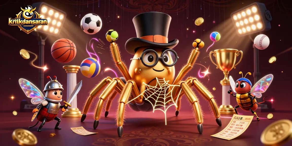 Experience the thrilling world of kritikdansarancongtogel with a dynamic scene featuring a golden tarantula and sports elements.