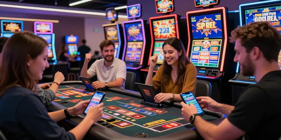 Players celebrating wins at credit card casinos with vibrant slot machines and engaging live dealers