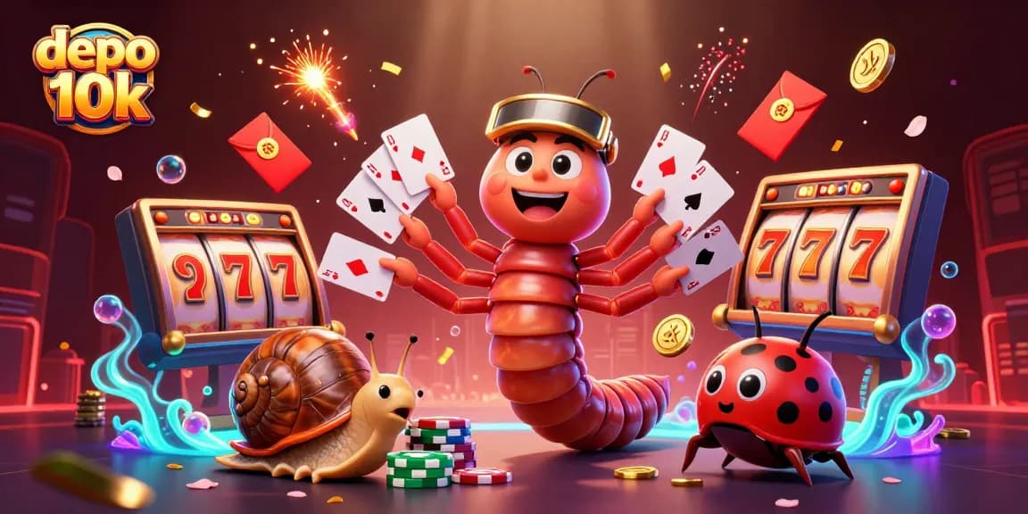 Experience the thrill of depo 10k with an exciting casino scene featuring vibrant slot elements and animated characters.
