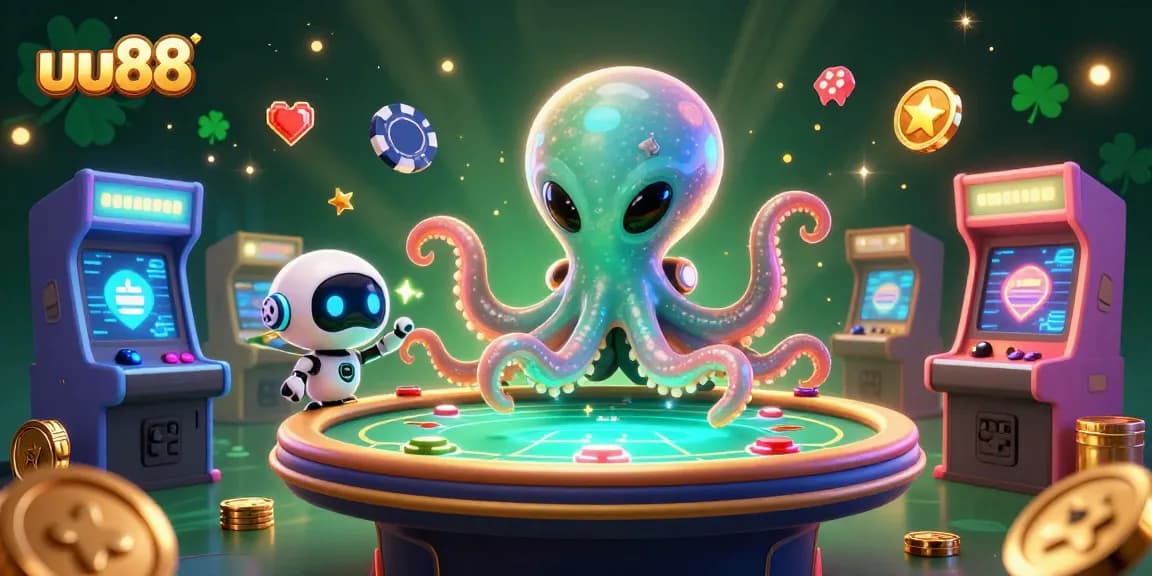 uu88 alien octopus engages in a vibrant poker game amidst glowing arcade machines and jackpot excitement
