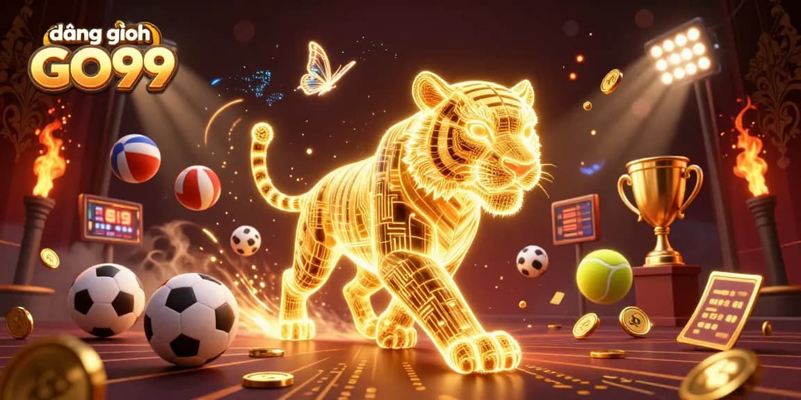 Experience đăng nhập GO99 with a stunning 3D casino scene showcasing vibrant sports elements and glowing visuals.