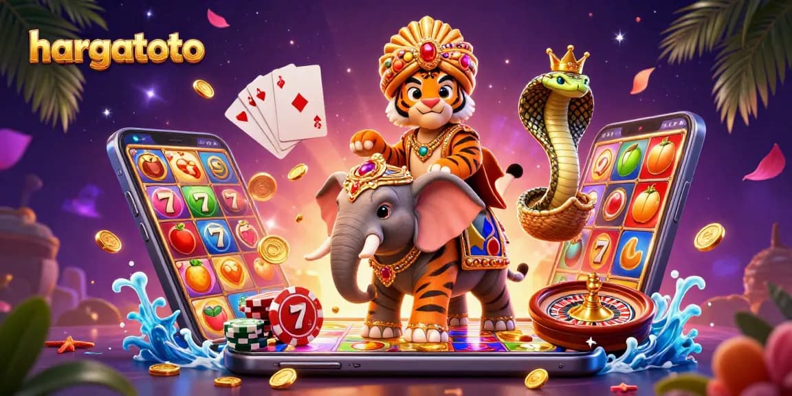 Play thrilling lottery games with hargatoto, featuring a royal tiger and lavish elephant amid spinning slots.
