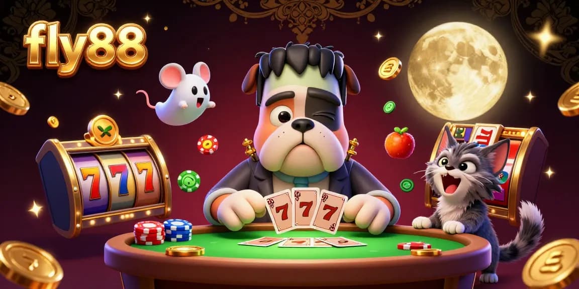 Engage with fly88’s vibrant casino world, featuring a whimsical 3D illustration of a Frankenstein bulldog dealing cards surrounded by slots and neon games.