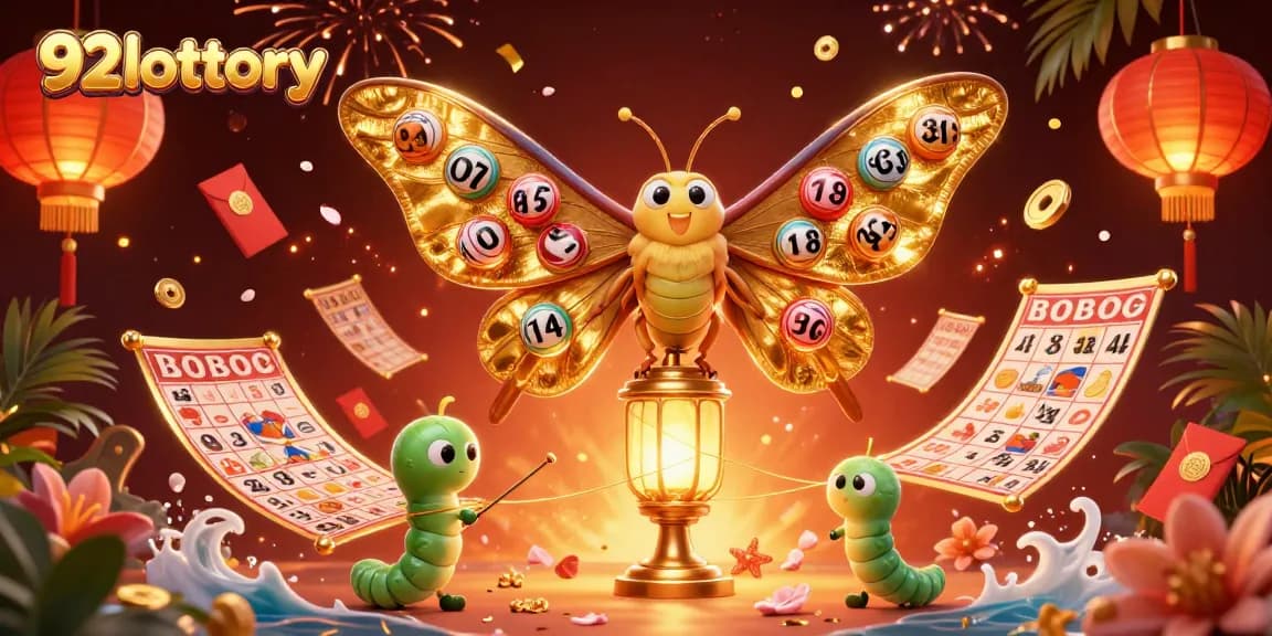 Engage with 92lottery’s vibrant scene showcasing a moth, lottery elements, and festive decorations.