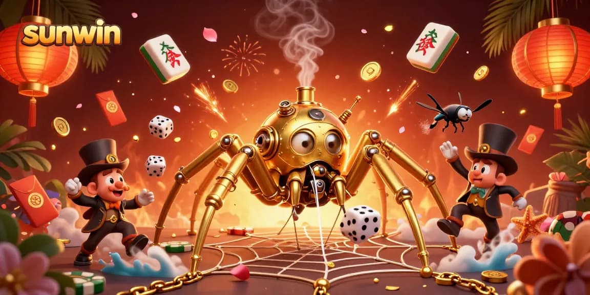 Experience thrilling gameplay with sunwin as a steampunk spider captures dice amidst mahjong tiles and lucky symbols.
