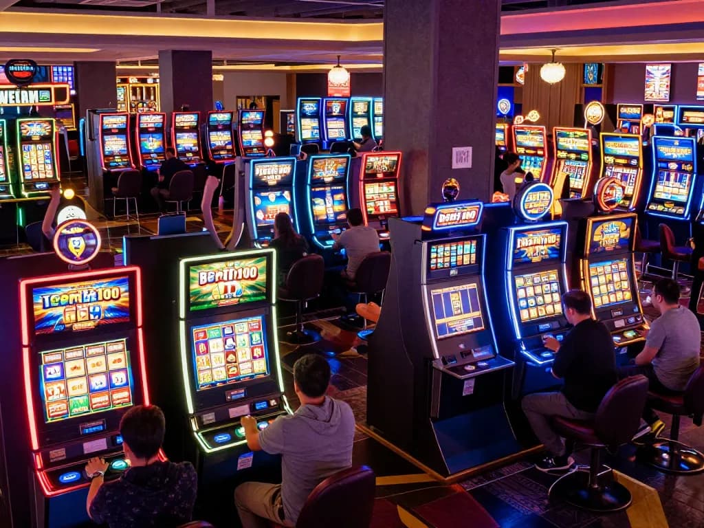 Players enjoying slot bet 100 on colorful machines in a lively casino atmosphere
