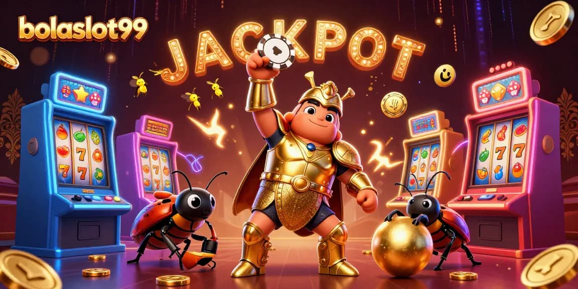 Bolaslot99 inspired 3D illustration with a beetle hero lifting a poker chip amidst vibrant slot machine elements and jackpot excitement.