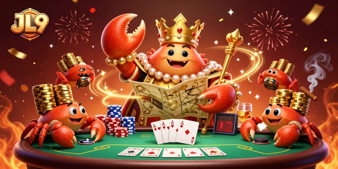 Experience thrilling gameplay at JL9 with a dazzling crab emperor, poker setups, and festive atmosphere.