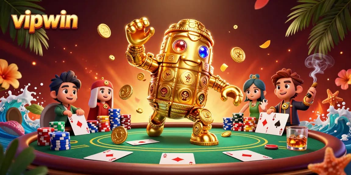 Engage with vipwin, featuring a golden golem surrounded by poker chips and a vibrant casino atmosphere.