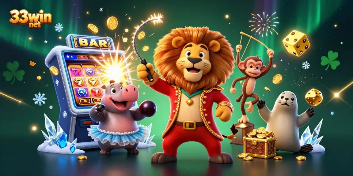 Experience thrilling gaming action with 33win net's vibrant slot machines and lively characters in a casino scene.