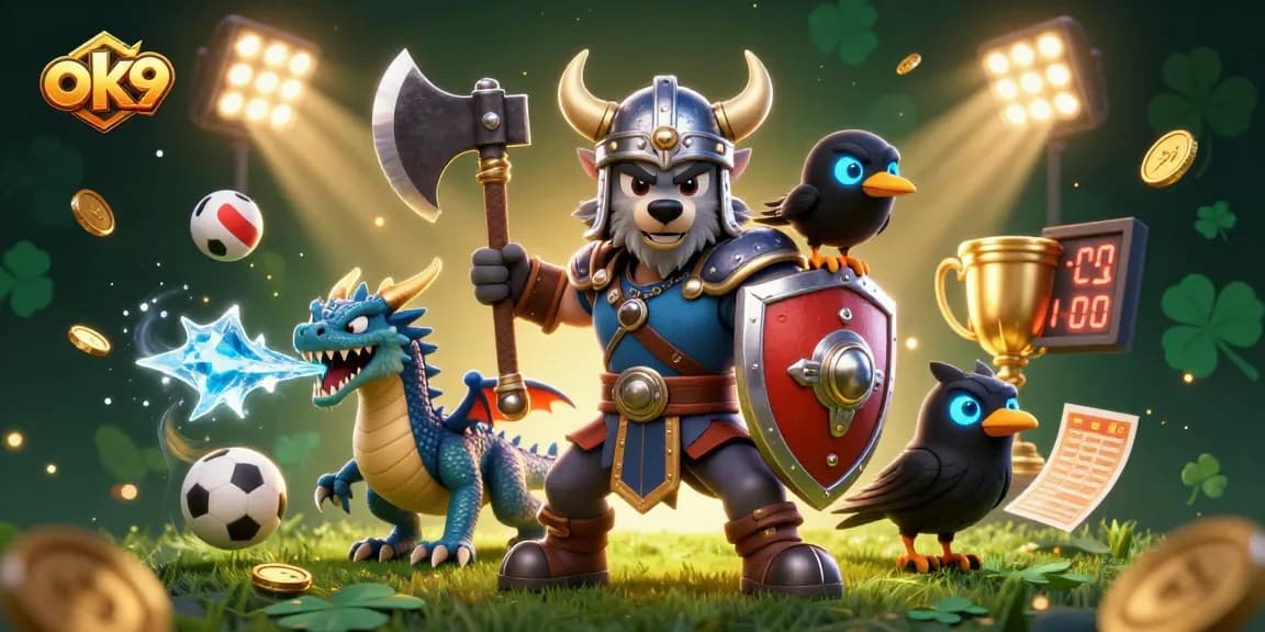 Experience thrilling action with ok9 in an elaborate 3D scene featuring a Viking wolf warrior, dragon, and sports elements.