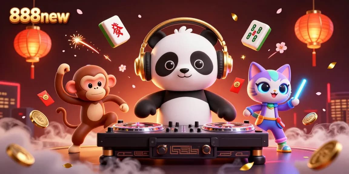 Experience vibrant casino energy with 888new's DJ panda, dancing monkey, and rave kitten.