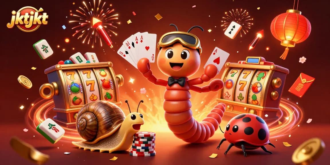 Menggambarkan dealer millipede 3D jktjkt dengan permainan slot dan simbol keberuntungan yang berkilau.