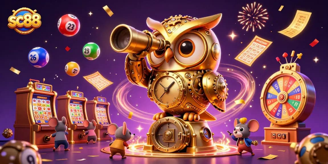 Experience sc88's vibrant casino atmosphere with a clockwork owl overseeing lively games and patrons.