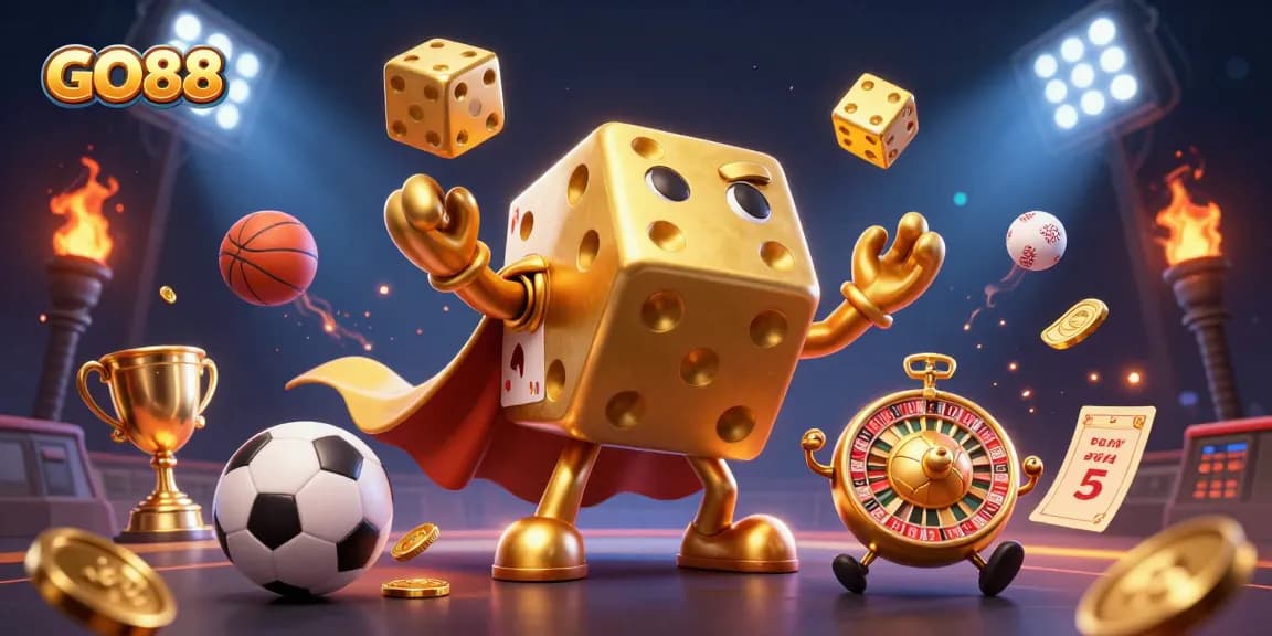 GO88 showcases an energetic casino scene with golden dice, juggling action, and dynamic sports elements.