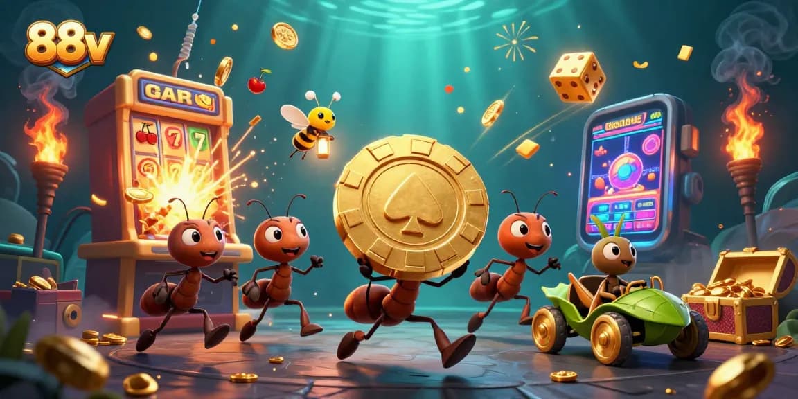 Experience the thrill of 88vv gambling with joyful ants securing a giant poker chip amidst vibrant casino elements.