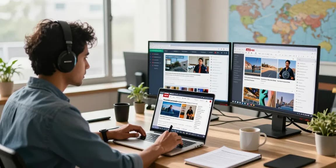 News journalist working at a digital workspace, updating on https://www.theindaily.com with real-time headlines and social feeds in India.
