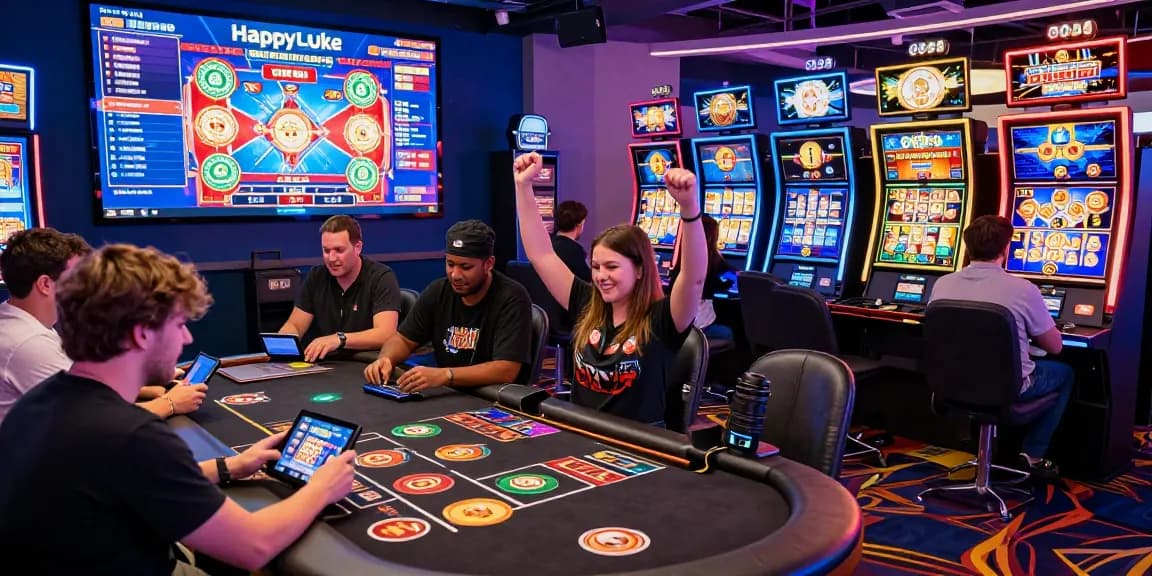 Players enjoying live casino games and slots at Happyluke in an exciting online gaming atmosphere.