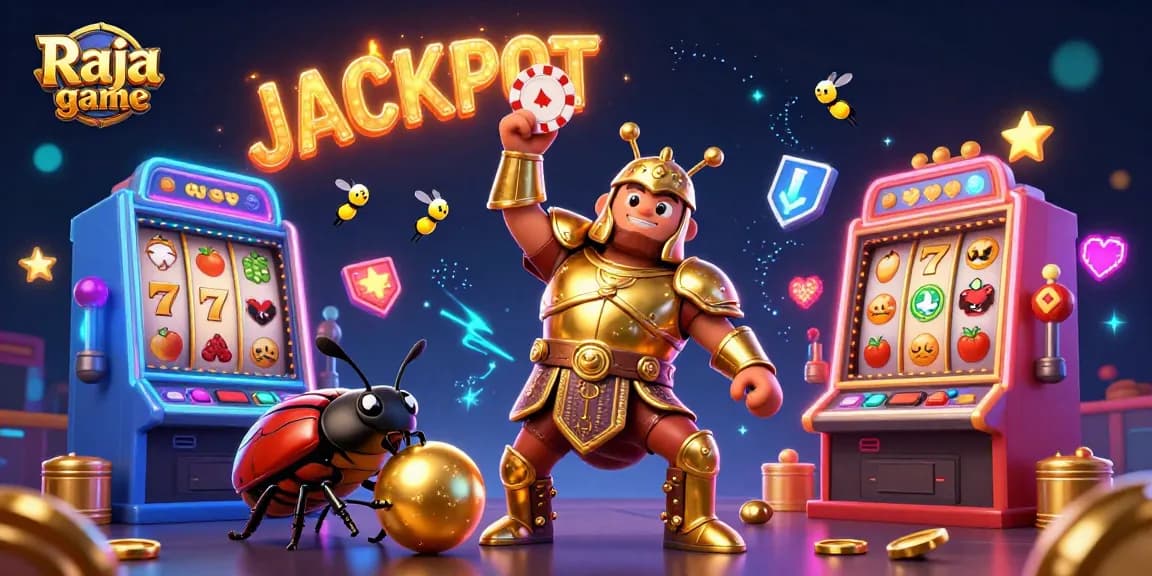 Experience the excitement of Raja game as the heroic beetle raises a poker chip in triumph amid vibrant slot machine visuals.