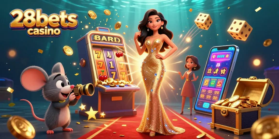 Experience vibrant excitement with 28bets casino as a glamorous woman poses while a jackpot explodes.