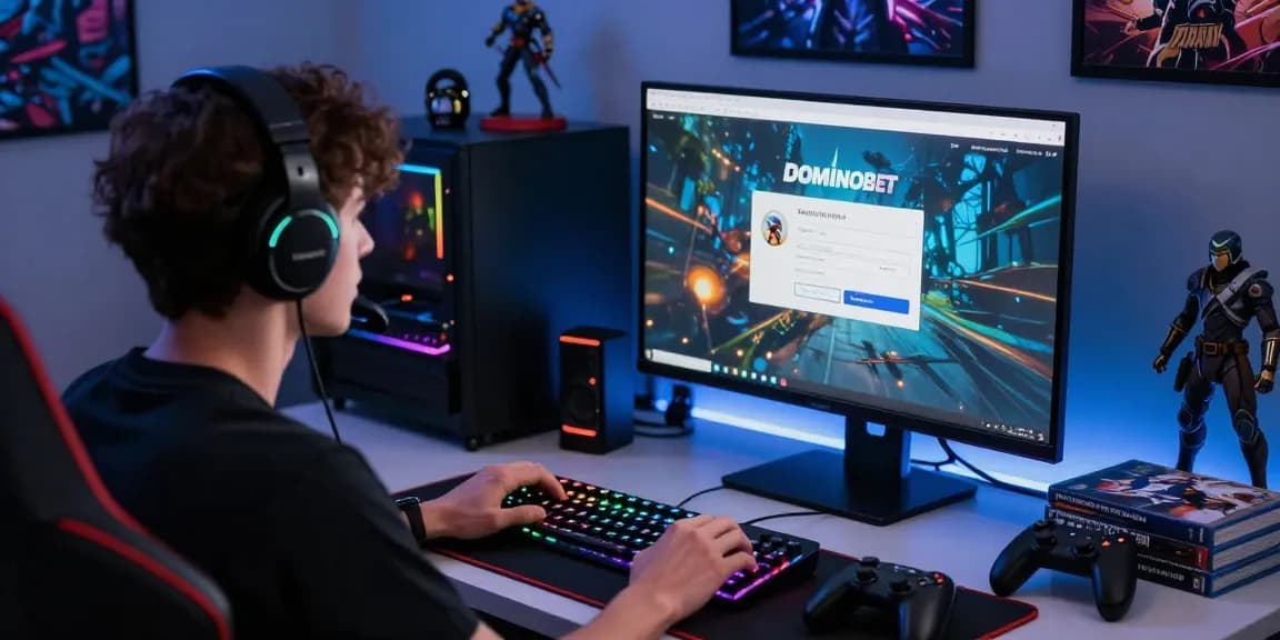 Engaged gamer accessing Link Login Dominobet, showcasing a vibrant online gaming setup with a focused atmosphere.