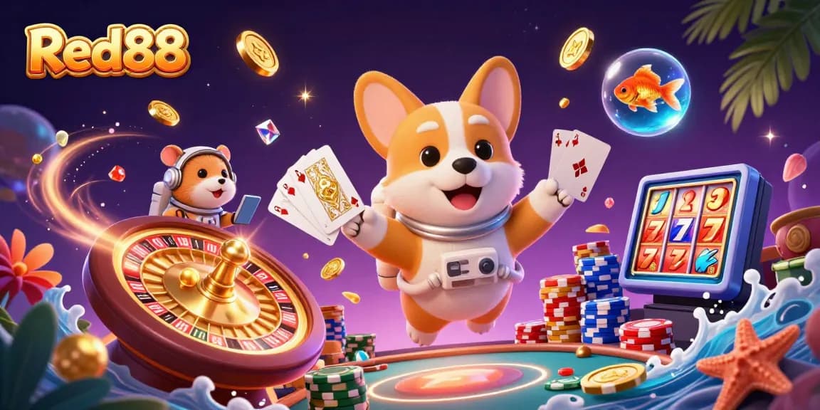 Engage in exciting gaming adventures at Red88 with vibrant casino elements and immersive characters.