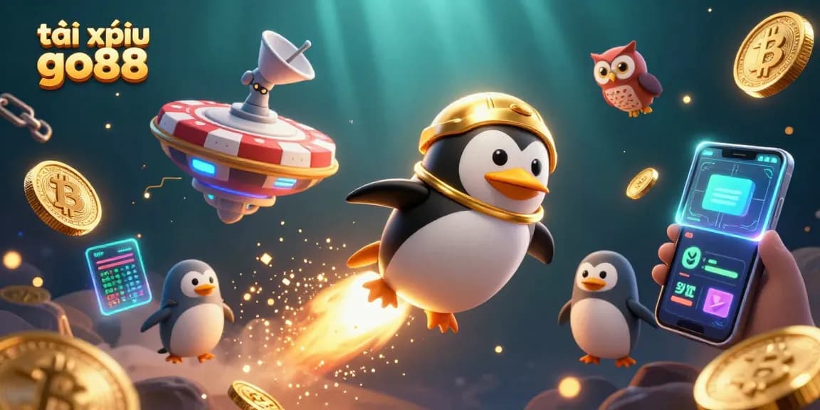 Engage in tài xỉu go88 with a golden penguin racing to a poker chip space station amidst cryptocurrency coins.