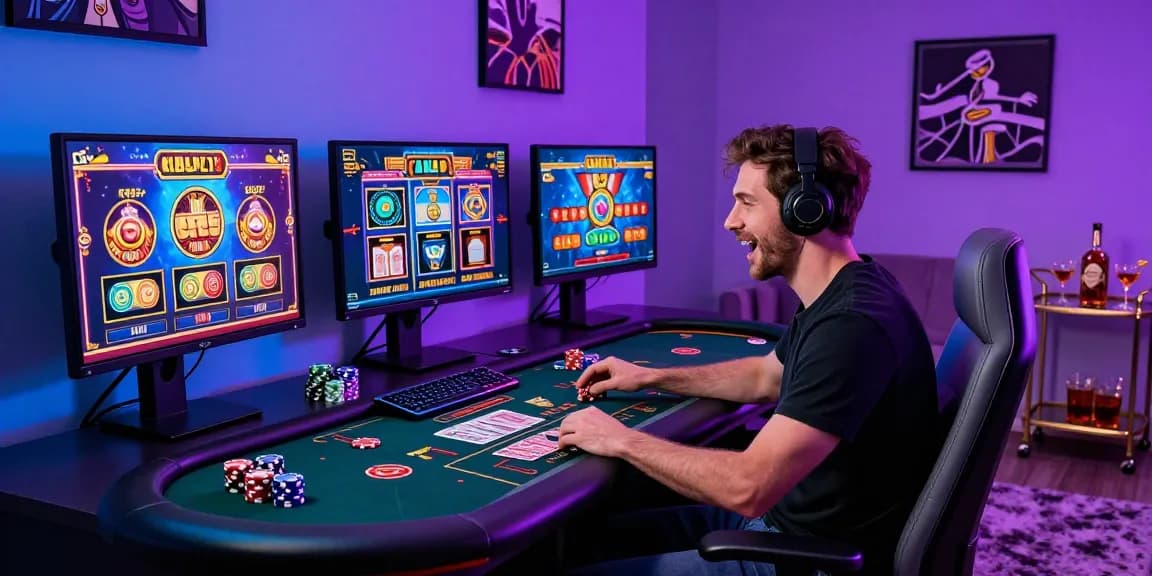 Excited player enjoying games at credit card casinos with vibrant screens, chips, and cocktails.