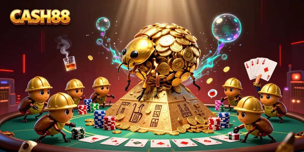 CASH88 showcases a cartoon beetle rolling gold coins in a vibrant casino setting, symbolizing exciting wagering.