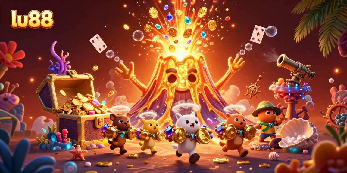 Enjoy thrilling entertainment at lu88 with a cartoon volcano erupting coins and gems in this dynamic casino scene.