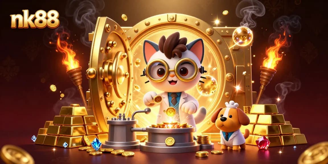 Experience vibrant gaming at nk88 with enchanting treasures and cartoon characters in a rich casino scene.