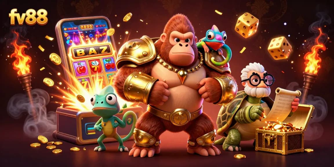 Experience the thrill of fv88 with a heroic gorilla, chameleon, and tortoise amidst explosions of jackpots and colorful casino elements.