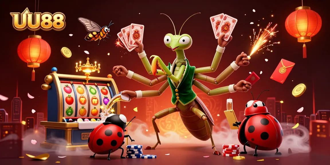 Play with UU88 in a vibrant casino scene featuring a mantis dealer and ladybug pit boss.