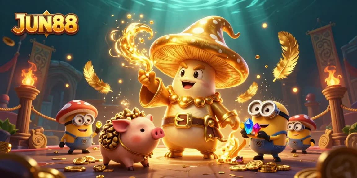 Engage in JUN88's magical gameplay with a wizard, truffle pig, and treasures in an enchanted arena.