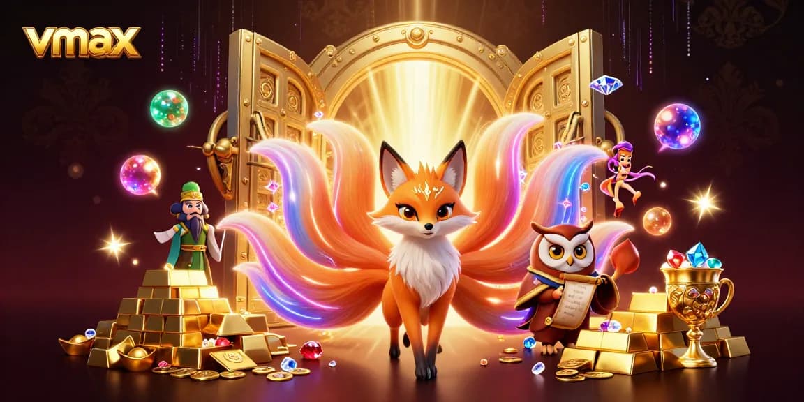 Experience the thrill of vmax casino with vibrant glowing characters and golden treasures in this action-packed scene.