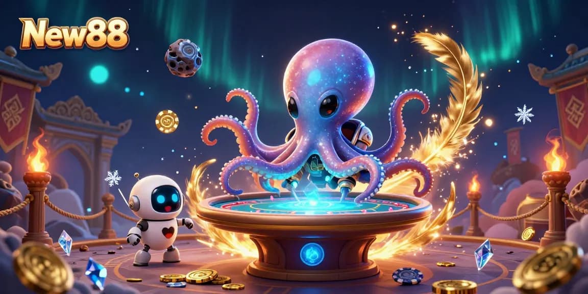 Experience the excitement of New88 with a vivid 3D casino illustration featuring an alien octopus and poker elements.