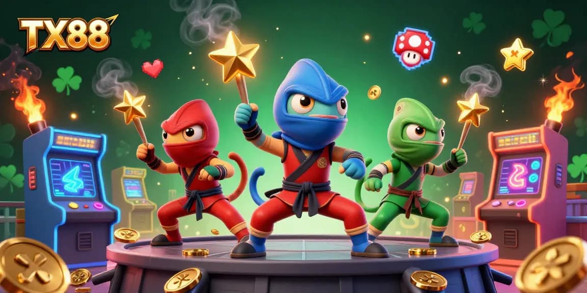 Experience the thrills of TX88 with vibrant 3D casino scenes featuring chameleons and arcade elements.