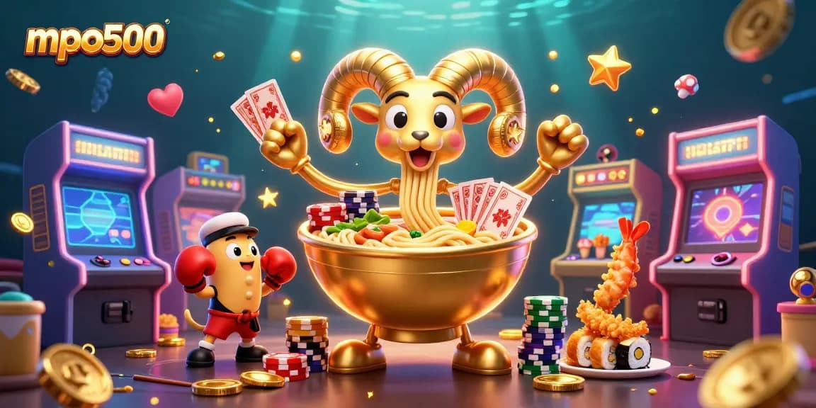 Experience thrilling gaming with mpo500's vibrant 3D illustration featuring cartoon characters and dynamic casino elements.
