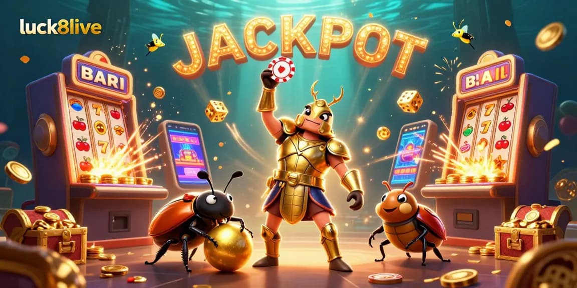 Experience vibrant gameplay at luck8live in this dynamic casino scene with characters celebrating a jackpot.