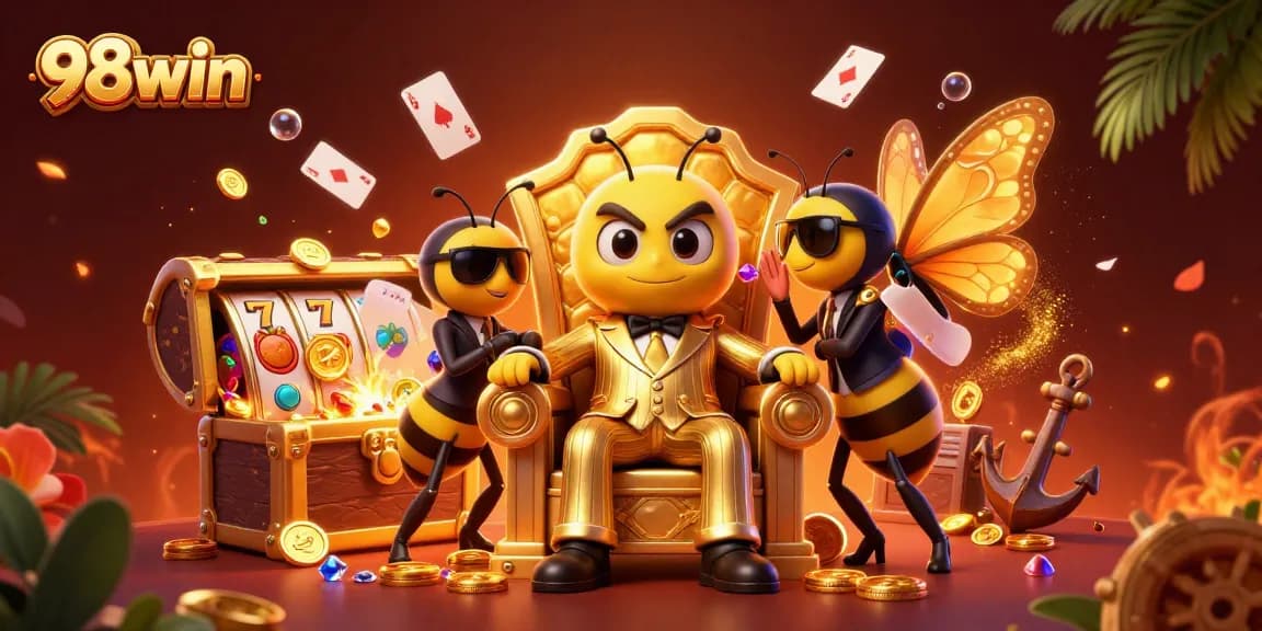 Engage with thrilling gameplay at 98win as a bumblebee boss oversees vibrant casino elements.