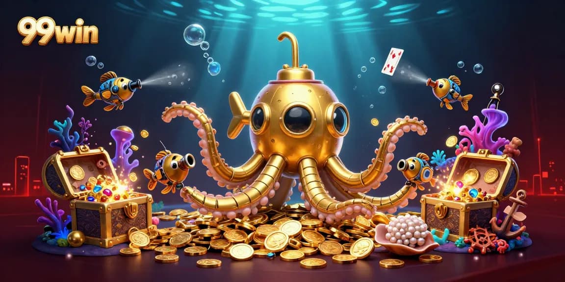 Experience thrilling gameplay with 99win's golden kraken submarine amidst a treasure-filled underwater scene.