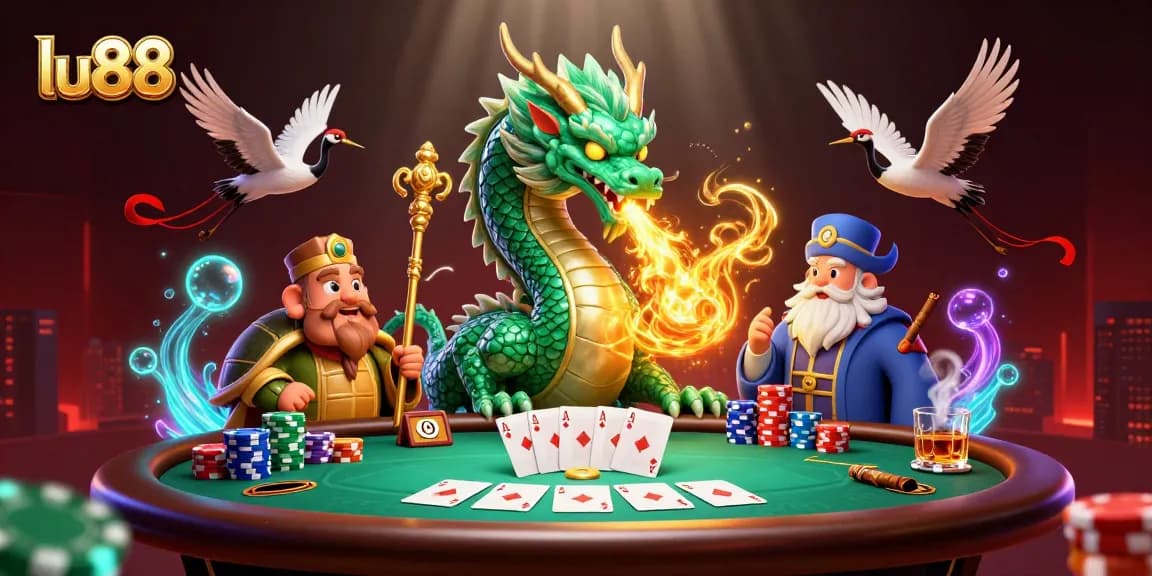 lu88 showcases a vibrant poker scene with a jade dragon and turtle sage amidst gaming elements.