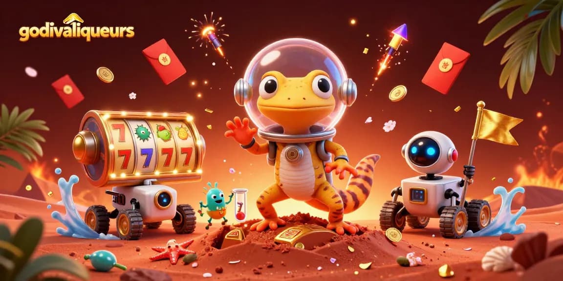 Engage with godivaliqueurs in a vibrant illustration showcasing a Martian gecko at a golden casino.