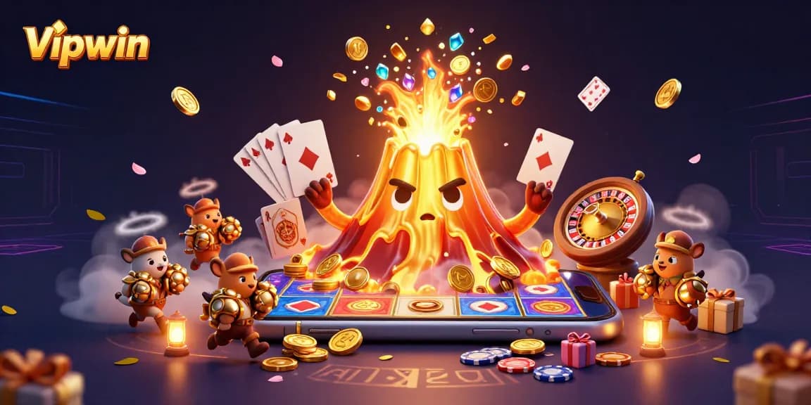 Experience the thrill of Vipwin with a vibrant, dynamic casino scene, showcasing exciting games and treasures.