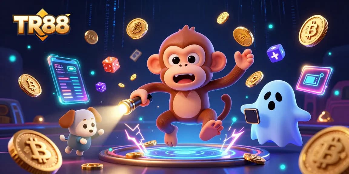 Engage with thrilling TR88 casino action as a playful monkey juggles gold coins in a haunted setting.