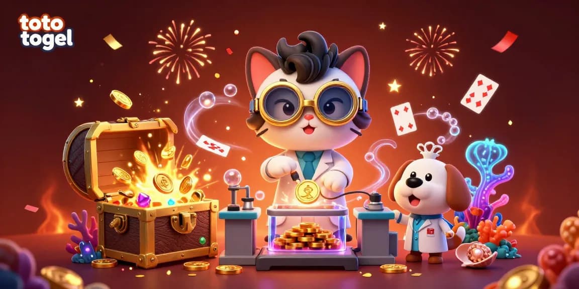 Immerse yourself in the world of toto togel with a lively scene featuring a mad scientist cat and dog in a creative casino setting.
