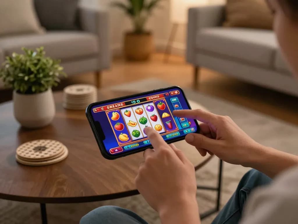 Kuwin players enjoying an exciting online slot game on their smartphones in a cozy home setting.